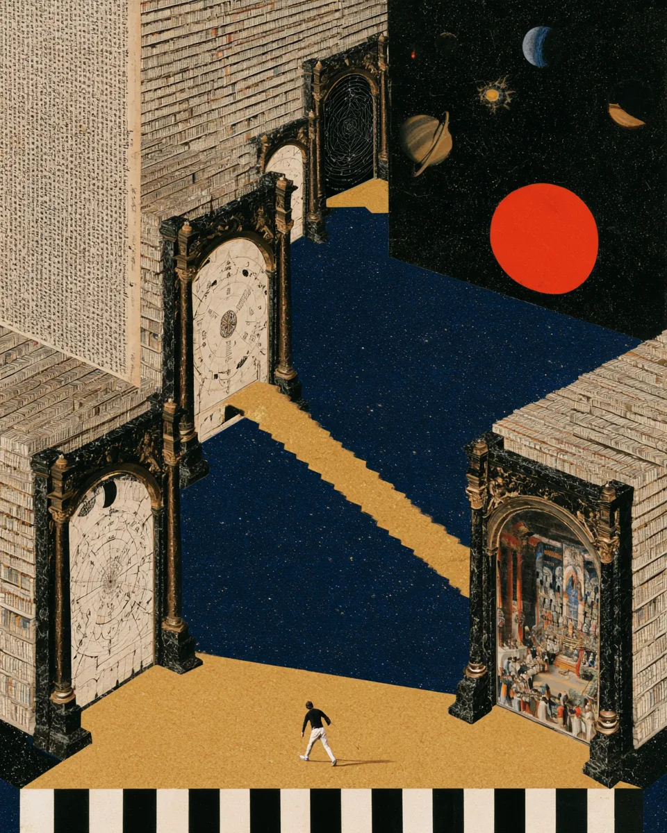 An impossible library floating in a cosmic vault — every claim in the reading is cited to a source.